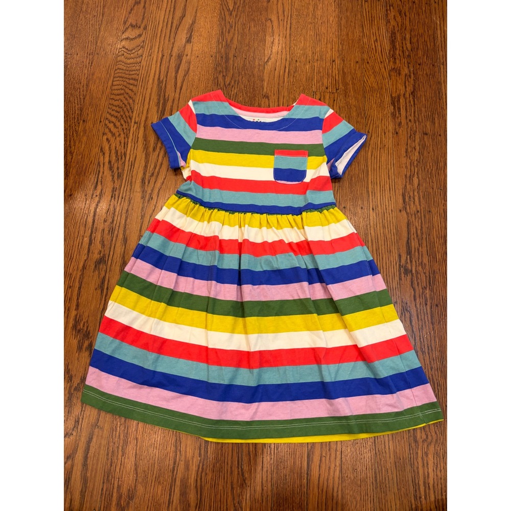 Mini Boden Girls Rainbow Stripe Jersey Dress Short Sleeve Pockets Multi 7-8Y